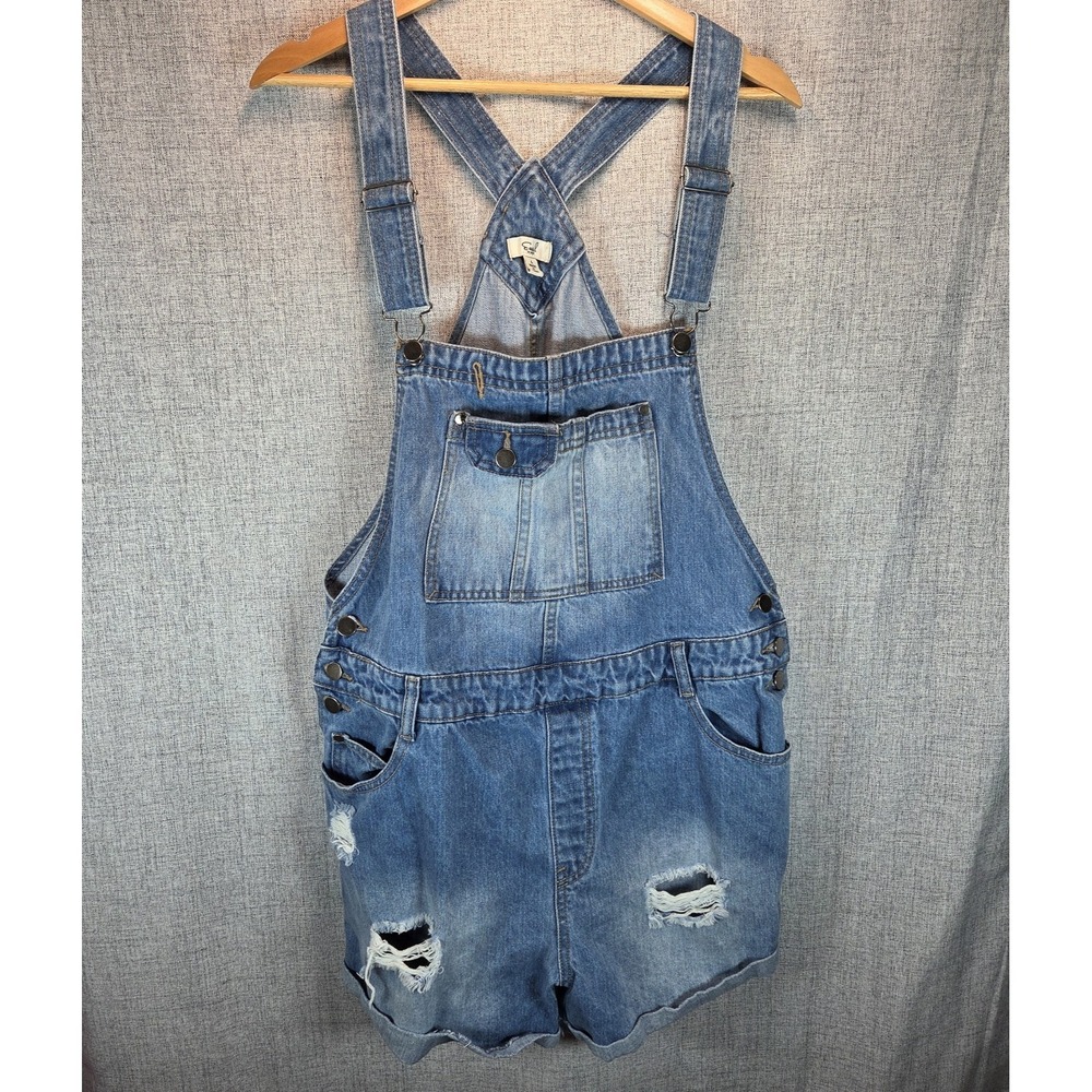 Easel Women's Distressed Blue Denim Short Overalls Size Large Outdoor Boho